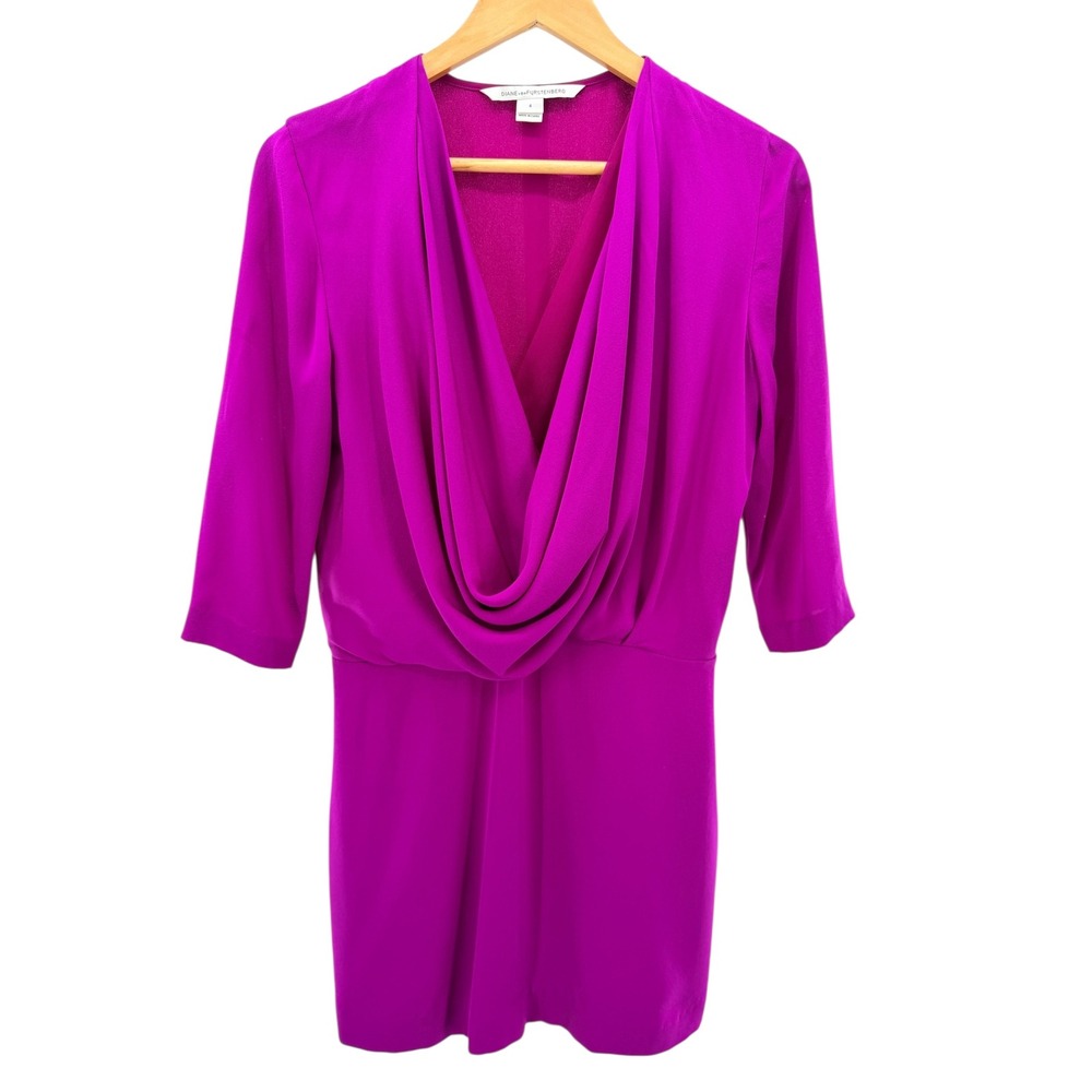 Diane von Furstenberg DVF Magenta Silk Draped V Neck Dress Classic‎ Timeless 4